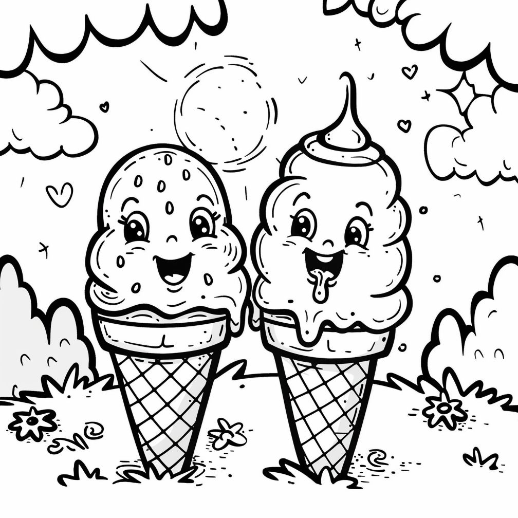 Dibujo kawaii de dos bolas de helado para colorear